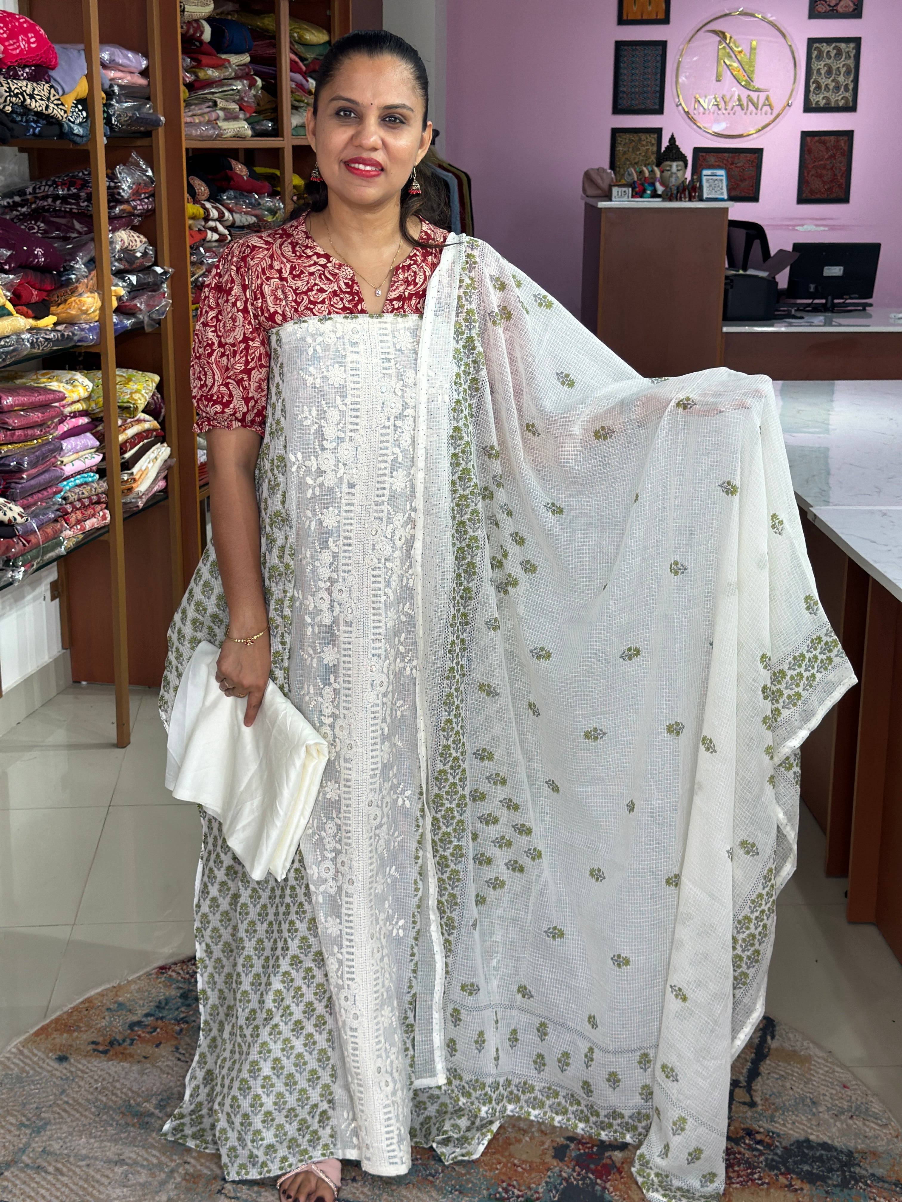 Kota Doria With Chikankari Work Suit