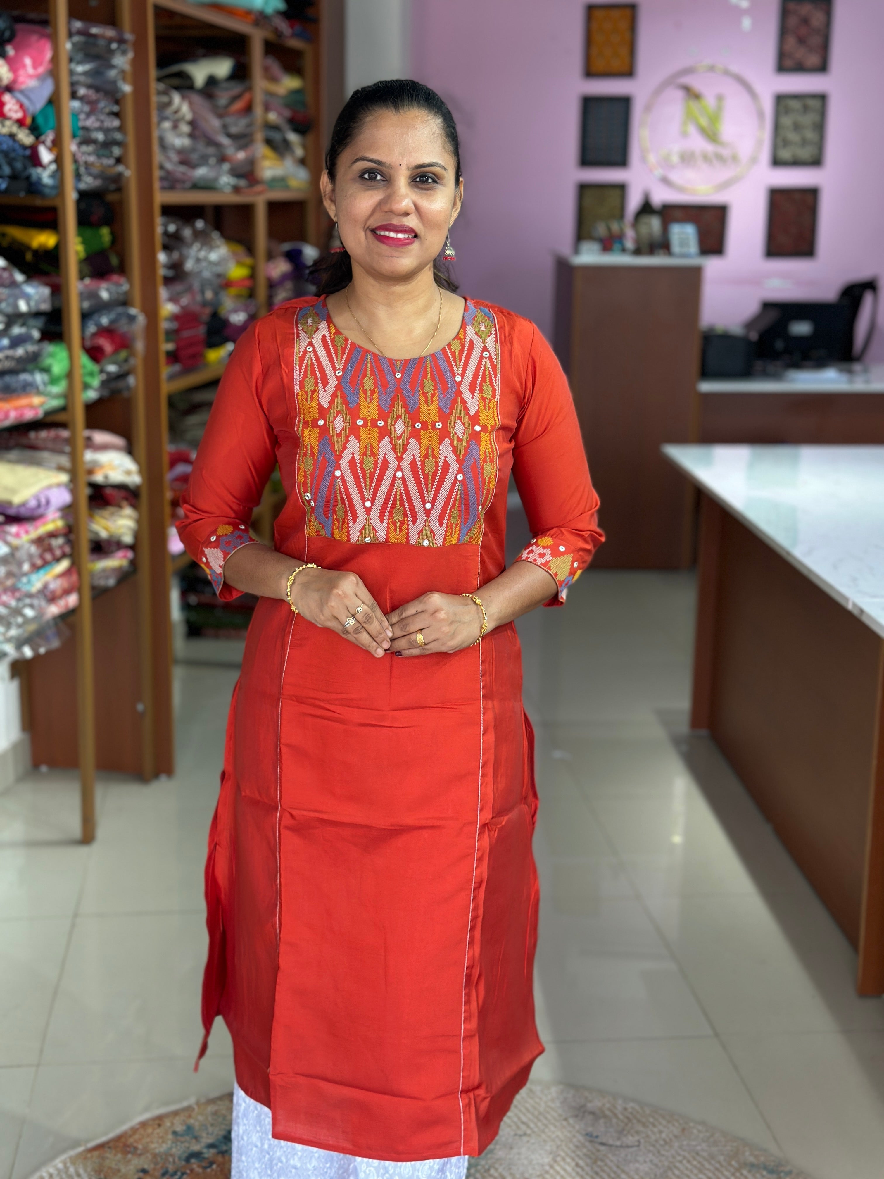 Mul Chanderi Cross Stitch Embroidery Kurti
