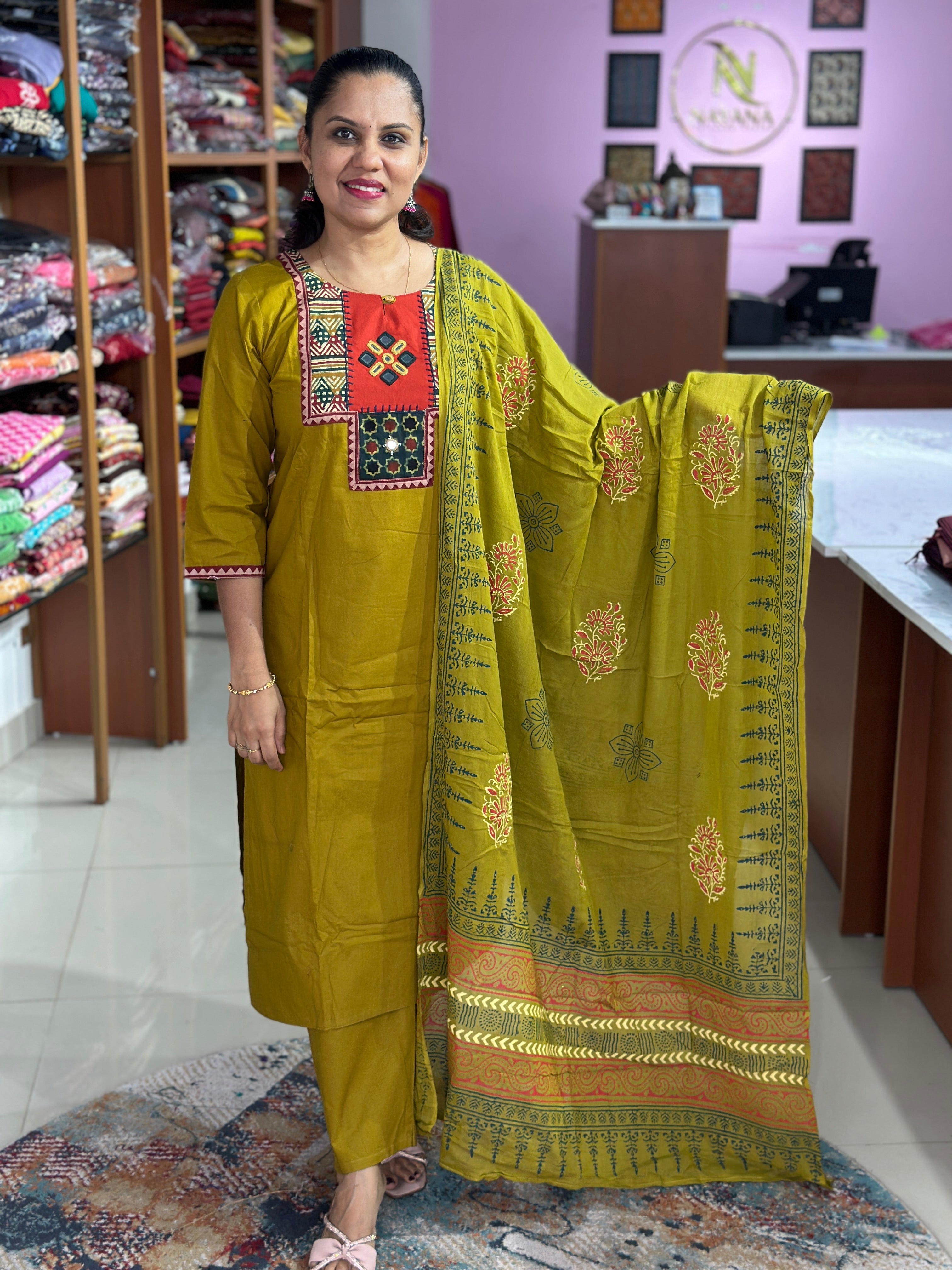 Cotton Ajrak Patch Salwar Suit